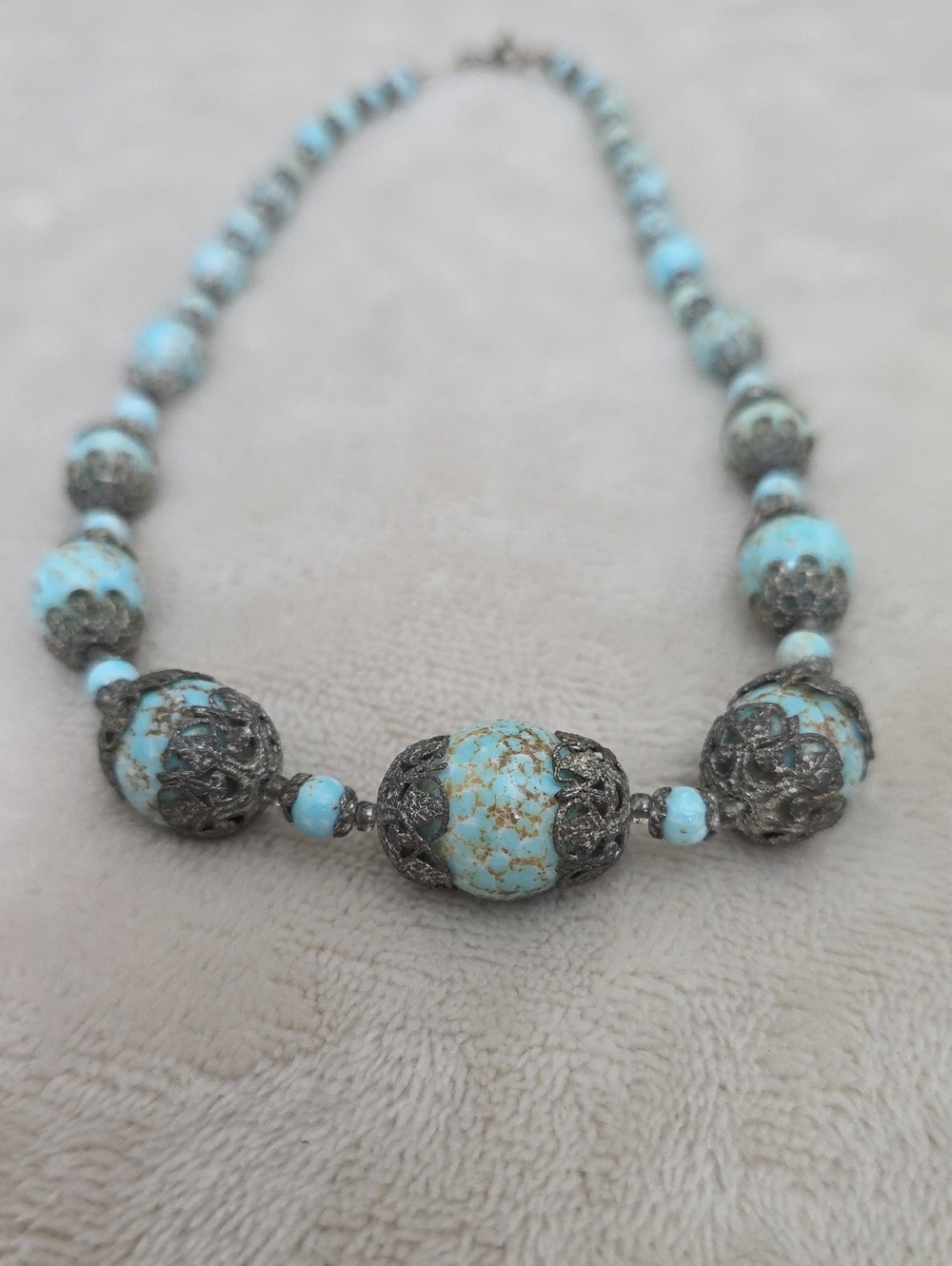 Vintage Czech Style Blue Speckled Art Glass Filigree Bead Necklace Boho